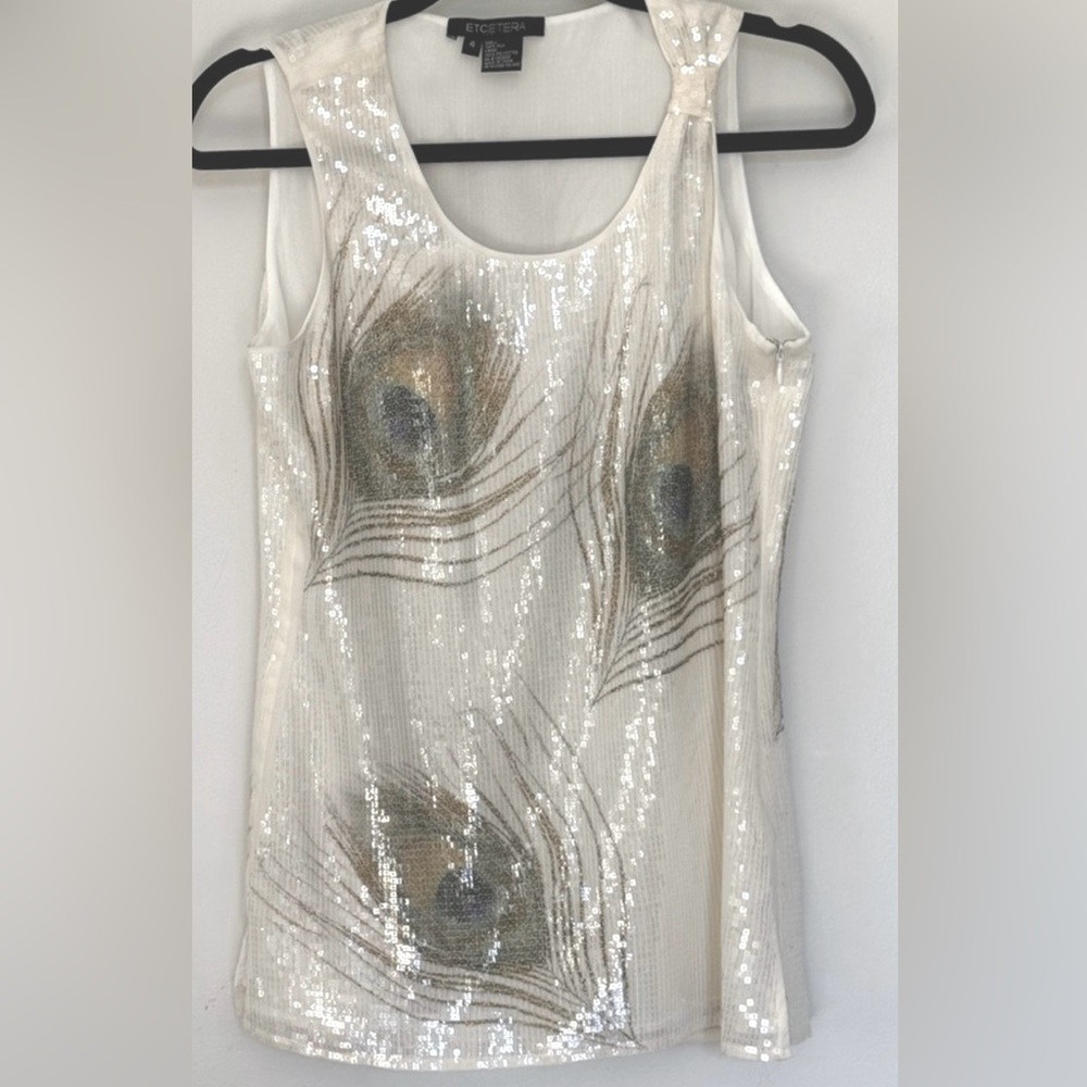 Etcetera White Tank Top with Sequins and Peacock Design